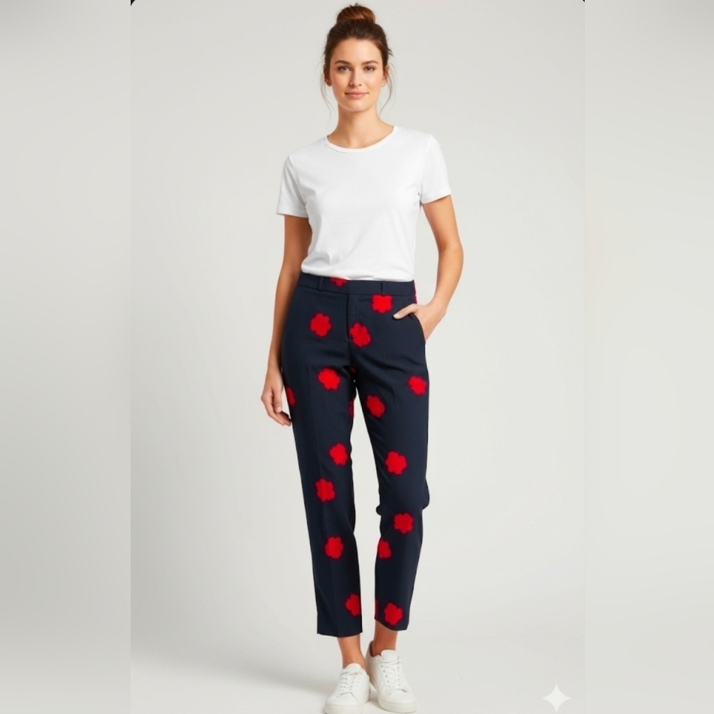 Banana Republic Cropped Navy Pant With Red Flowers Avery Fit Size 4